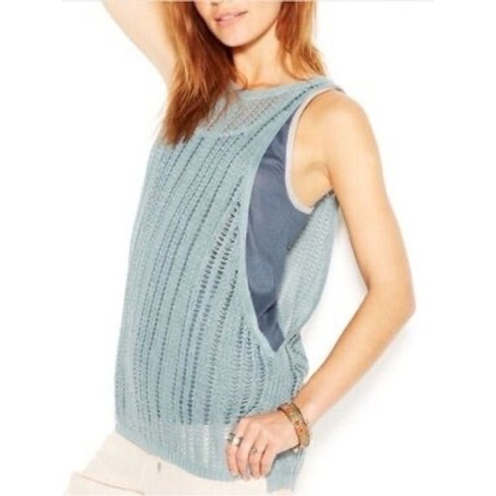 FREE PEOPLE Double Take Tank Crochet Layered Relaxed Fit Blue M/L Boho Artsy